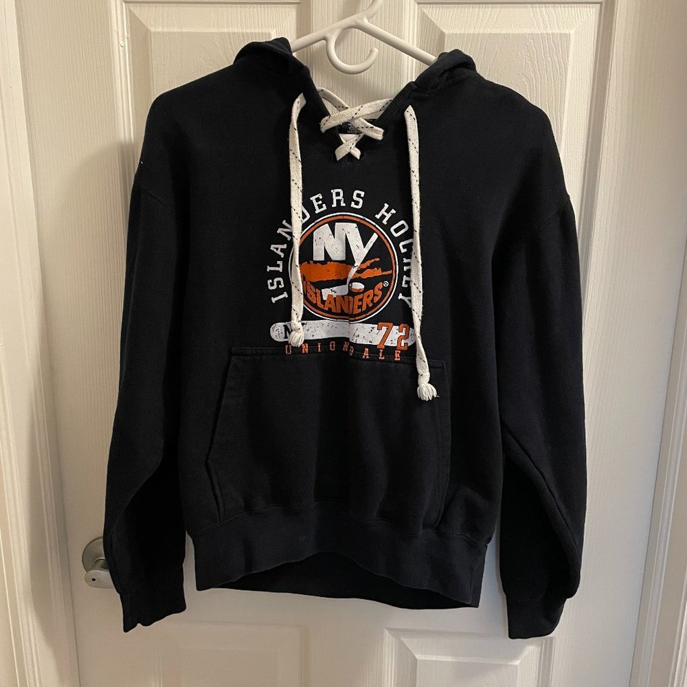 New York Islanders Hoodie Mens Small Dark Navy Blue Hockey Laces Hood